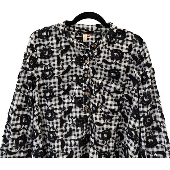Pilcro Womens Whitney Top Small Black White Gingham Floral Buttons Officesiren - Picture 2 of 7